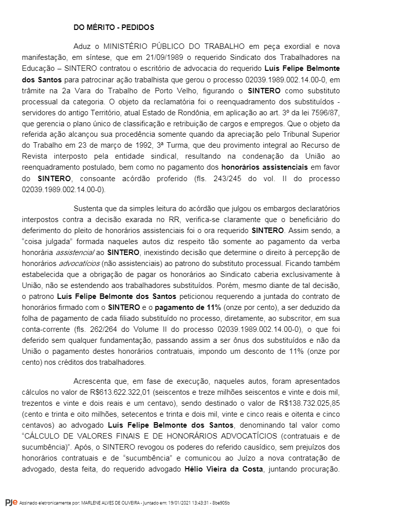 PRECATÓRIOS DO SINTERO: Advogados não vão receber honorários, decide Justiça do Trabalho