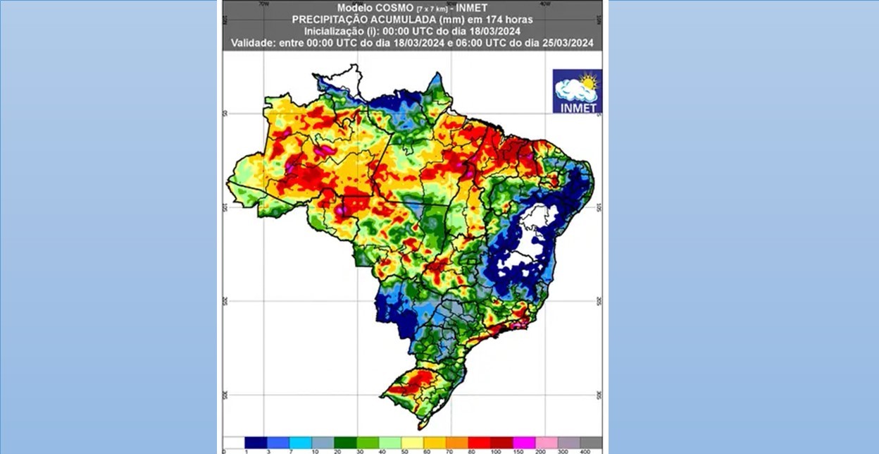 Inmet prevê volumes de chuvas maiores que 90 mm para esta semana
